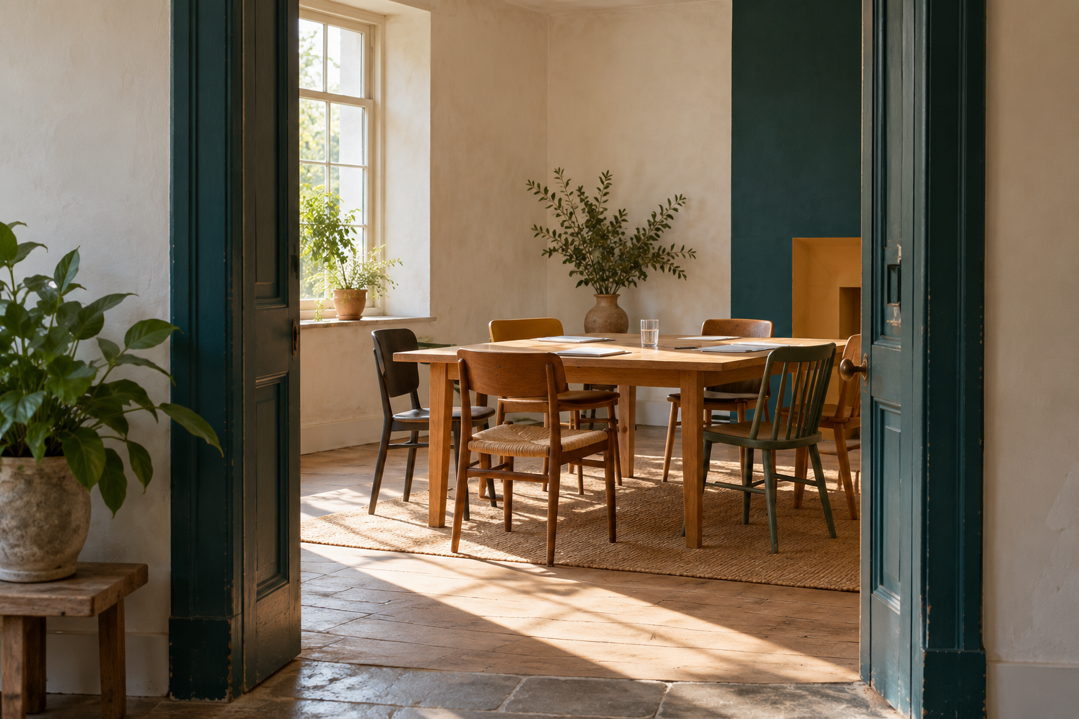 An open doorway and a table with room for different perspectives.